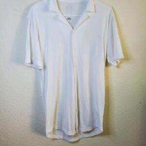 MJ Mens‎ White Ribbed Collar Button Front Short Sleeve Dress Shirt Medium